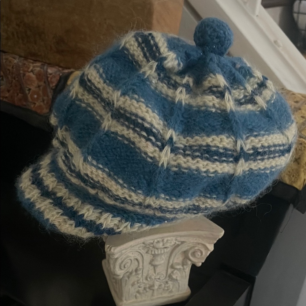 Blue and White Knit Beret Hat